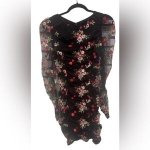 Endless Rose Black Floral Embroidered Sheer Long Sleeve Ruched Dress Size Small